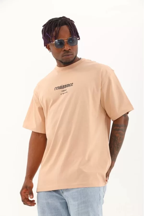 Luz&Pos Unisex Oversize Baskılı Bisiklet Yaka T-shirt - Bej