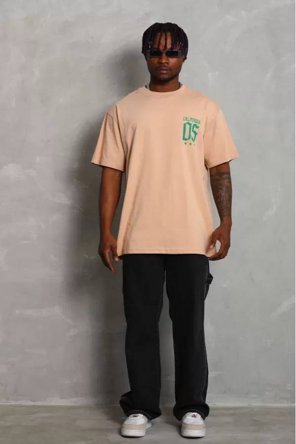Luz&Pos Unisex Oversize Baskılı Bisiklet Yaka T-shirt - Bej