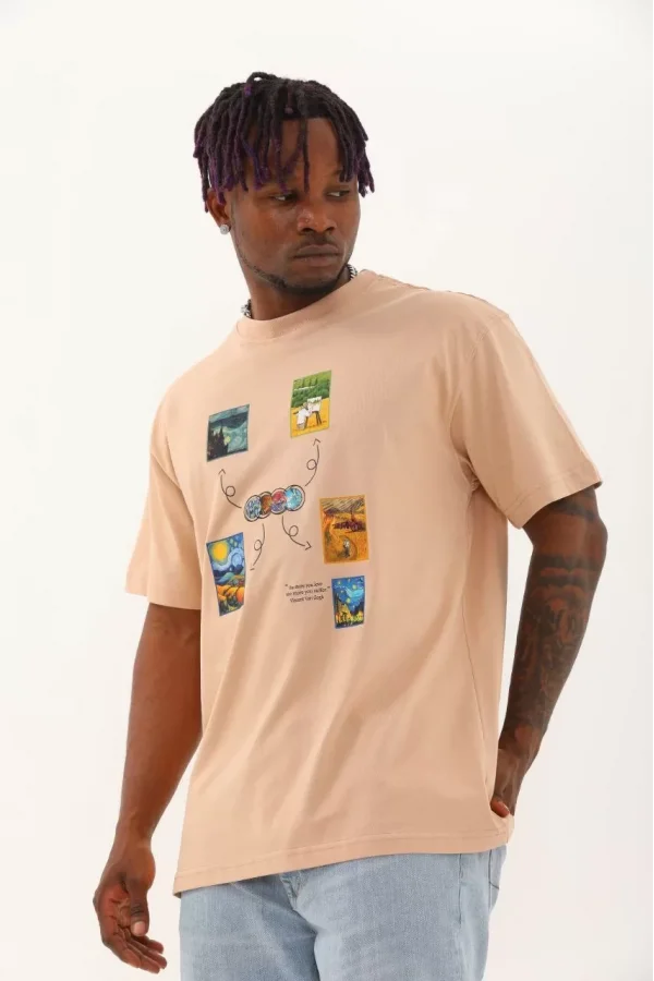 Luz&Pos Unisex Oversize Baskılı Bisiklet Yaka T-shirt - Bej