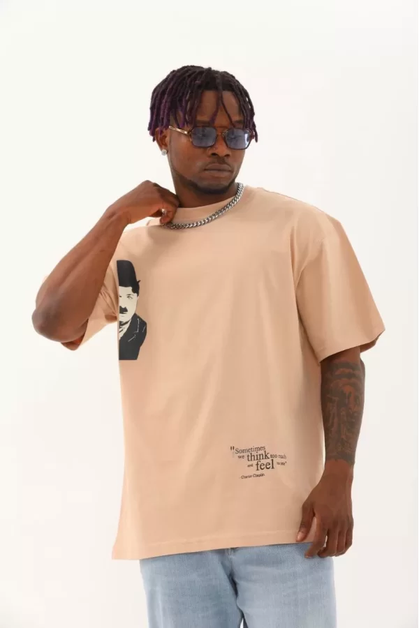 Luz&Pos Unisex Oversize Baskılı Bisiklet Yaka T-shirt - Bej