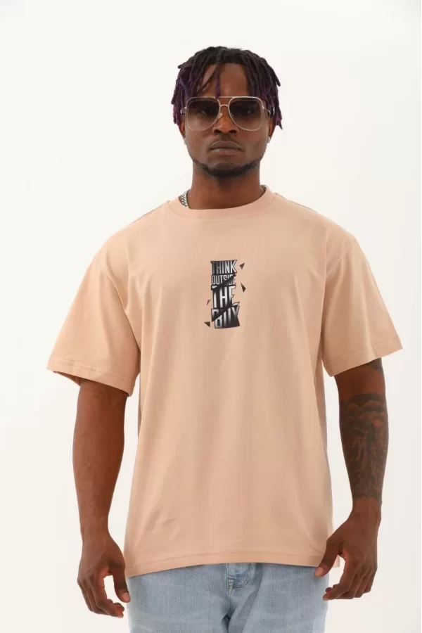 Luz&Pos Unisex Oversize Baskılı Bisiklet Yaka T-shirt - Bej