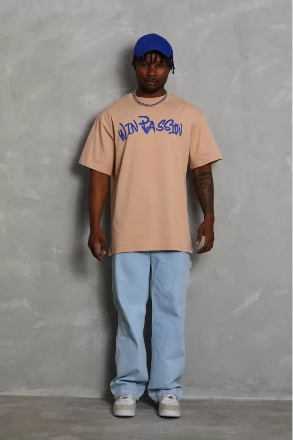 Luz&Pos Unisex Oversize Baskılı Bisiklet Yaka T-shirt - Bej