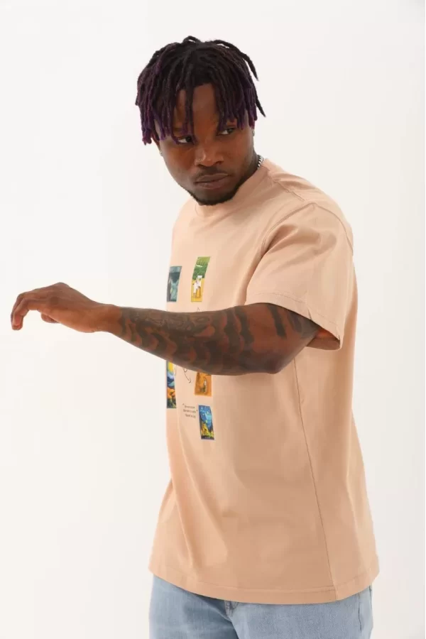Luz&Pos Unisex Oversize Baskılı Bisiklet Yaka T-shirt - Bej
