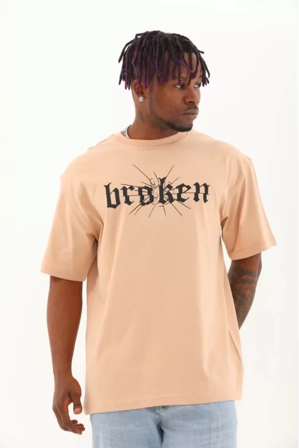Luz&Pos Unisex Oversize Baskılı Bisiklet Yaka T-shirt - Bej