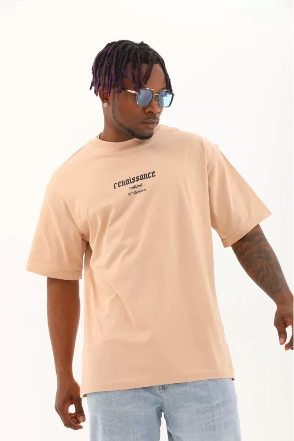 Luz&Pos Unisex Oversize Baskılı Bisiklet Yaka T-shirt - Bej