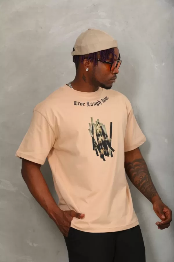 Luz&Pos Unisex Oversize Baskılı Bisiklet Yaka T-shirt - Bej
