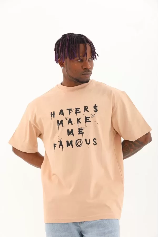 Luz&Pos Unisex Oversize Baskılı Bisiklet Yaka T-shirt - Bej