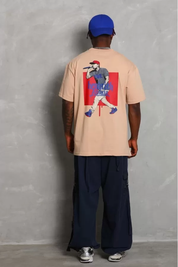 Luz&Pos Unisex Oversize Baskılı Bisiklet Yaka T-shirt - Bej
