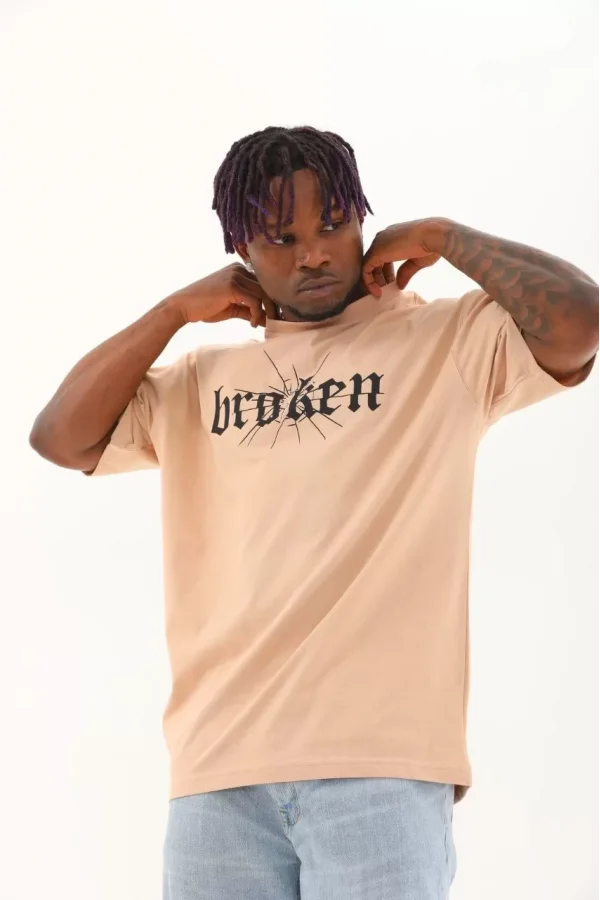 Luz&Pos Unisex Oversize Baskılı Bisiklet Yaka T-shirt - Bej