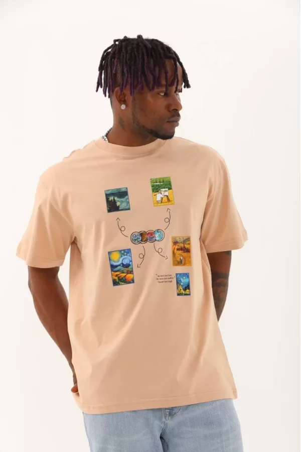 Luz&Pos Unisex Oversize Baskılı Bisiklet Yaka T-shirt - Bej