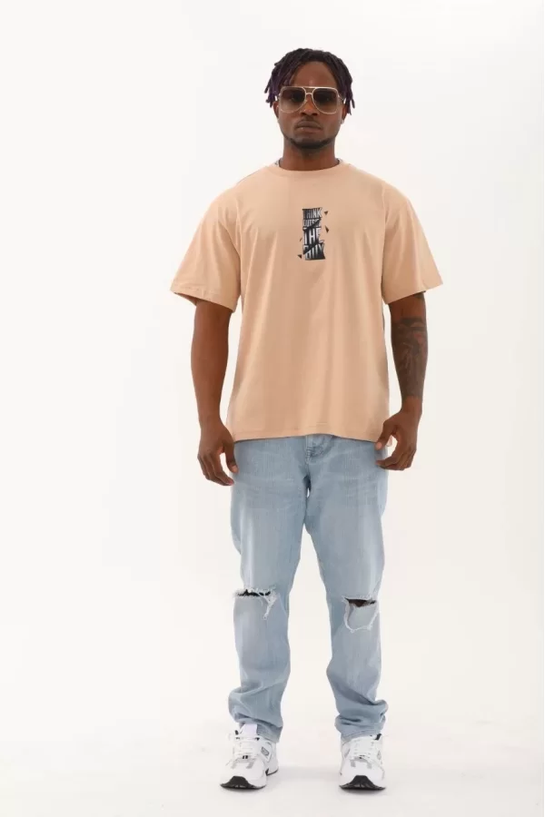 Luz&Pos Unisex Oversize Baskılı Bisiklet Yaka T-shirt - Bej