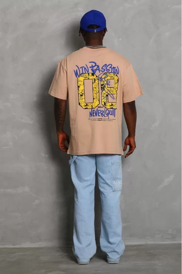 Luz&Pos Unisex Oversize Baskılı Bisiklet Yaka T-shirt - Bej