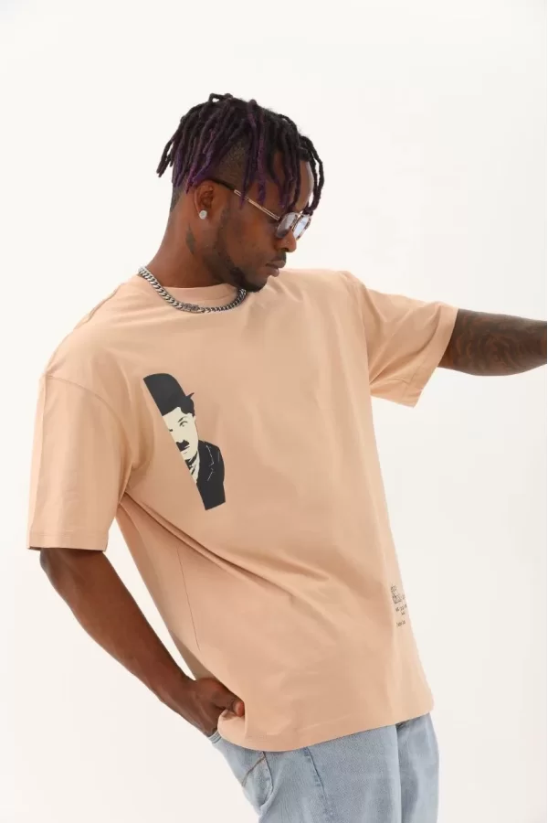 Luz&Pos Unisex Oversize Baskılı Bisiklet Yaka T-shirt - Bej