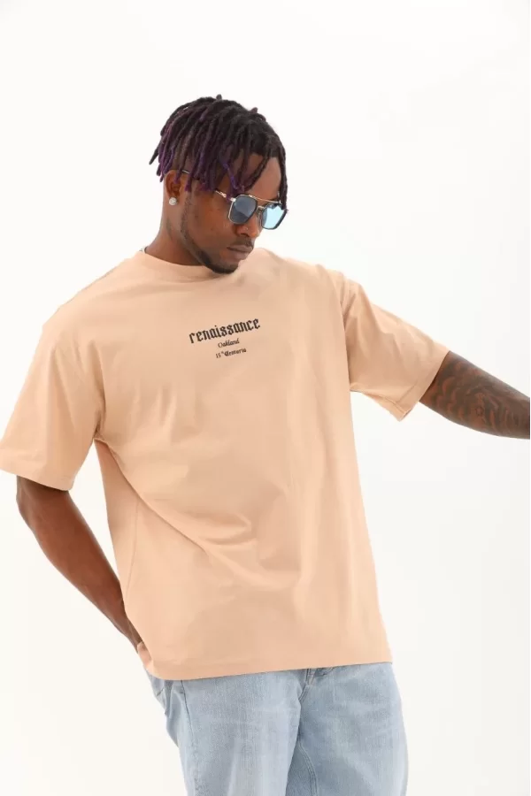 Luz&Pos Unisex Oversize Baskılı Bisiklet Yaka T-shirt - Bej
