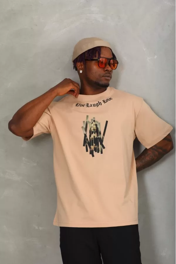 Luz&Pos Unisex Oversize Baskılı Bisiklet Yaka T-shirt - Bej