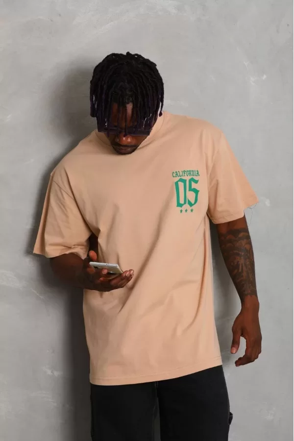Luz&Pos Unisex Oversize Baskılı Bisiklet Yaka T-shirt - Bej