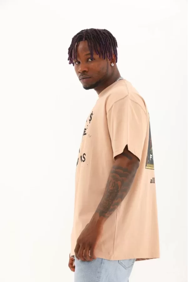Luz&Pos Unisex Oversize Baskılı Bisiklet Yaka T-shirt - Bej