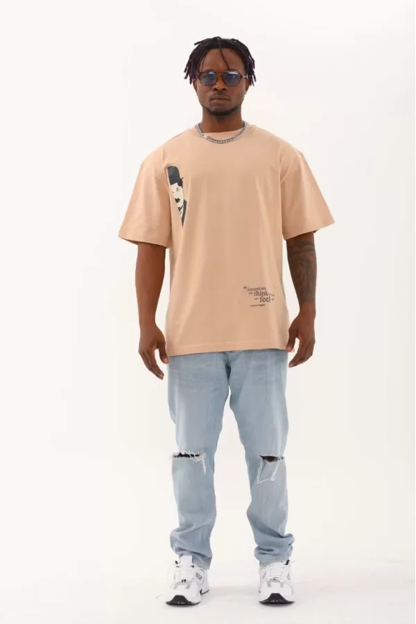 Luz&Pos Unisex Oversize Baskılı Bisiklet Yaka T-shirt - Bej