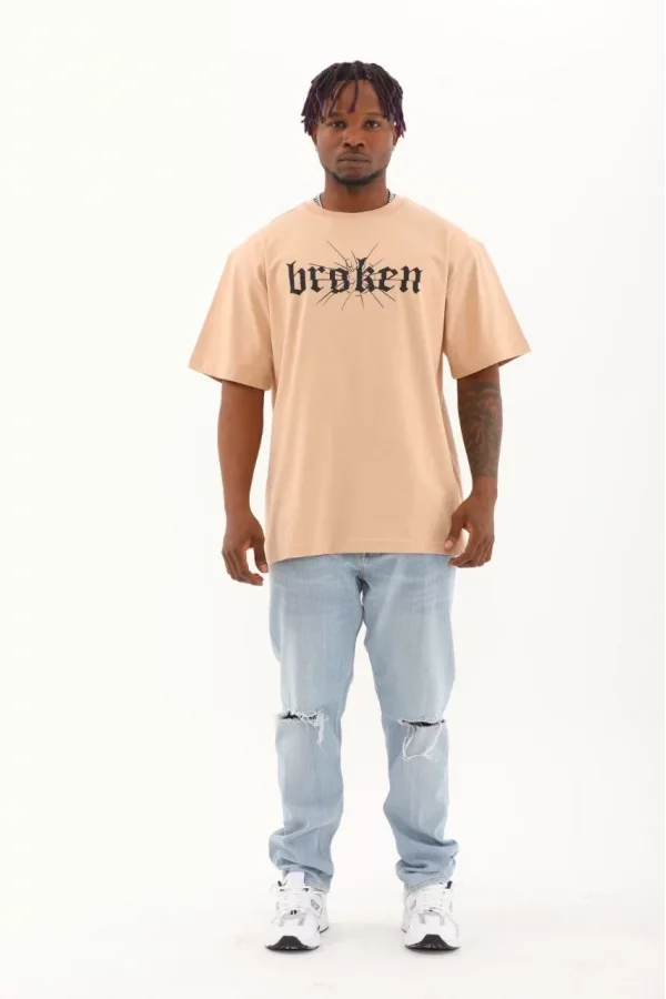 Luz&Pos Unisex Oversize Baskılı Bisiklet Yaka T-shirt - Bej