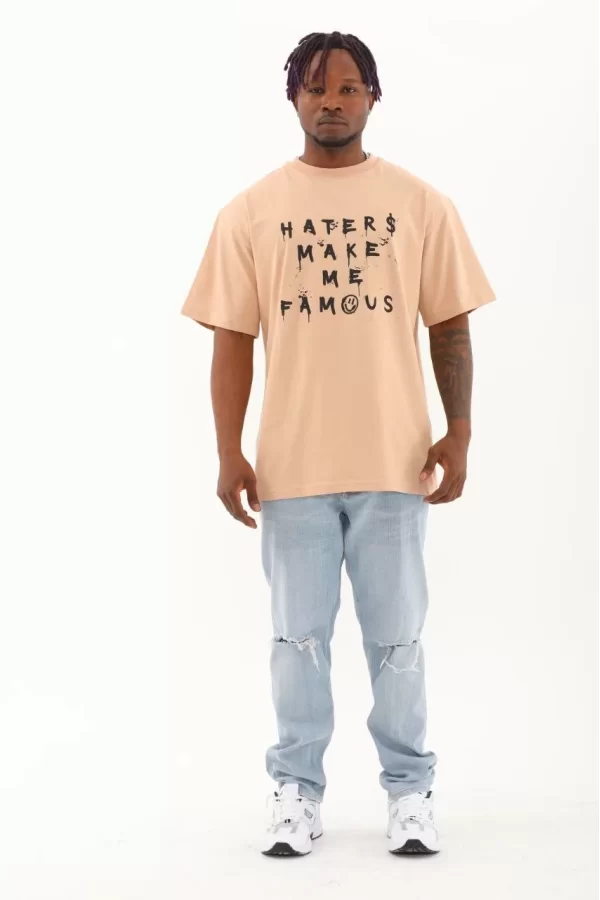 Luz&Pos Unisex Oversize Baskılı Bisiklet Yaka T-shirt - Bej