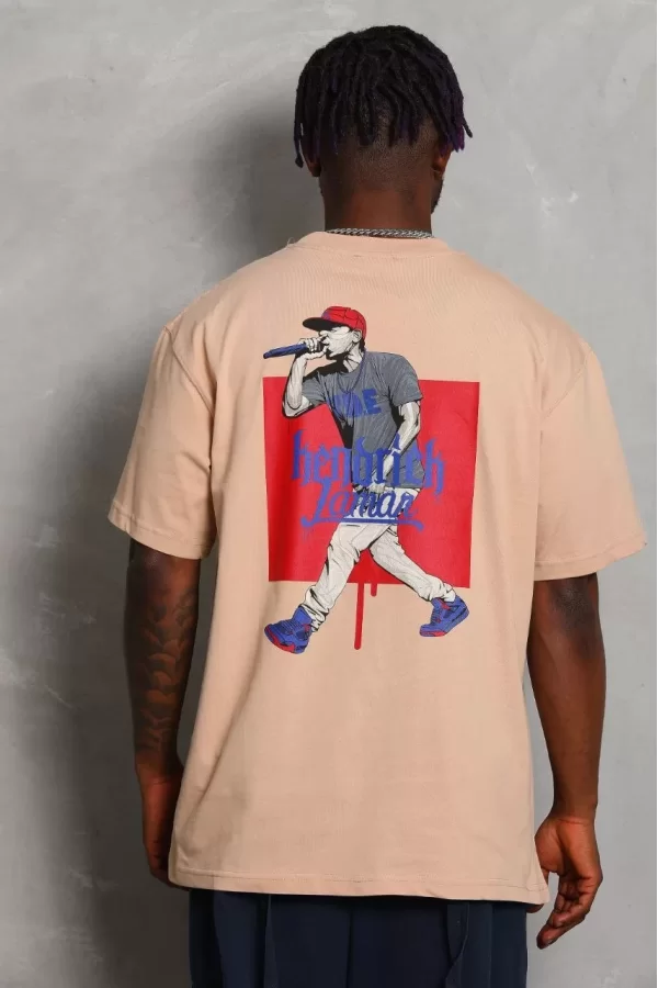 Luz&Pos Unisex Oversize Baskılı Bisiklet Yaka T-shirt - Bej
