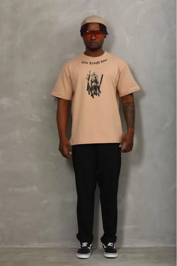 Luz&Pos Unisex Oversize Baskılı Bisiklet Yaka T-shirt - Bej