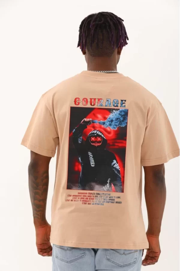Luz&Pos Unisex Oversize Baskılı Bisiklet Yaka T-shirt - Bej