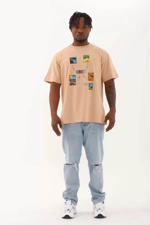 Luz&Pos Unisex Oversize Baskılı Bisiklet Yaka T-shirt - Bej