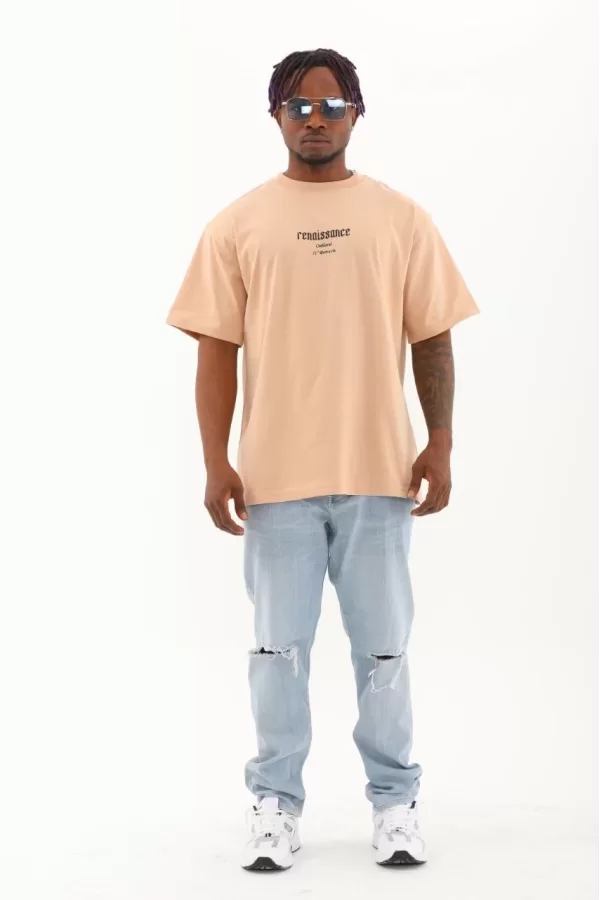 Luz&Pos Unisex Oversize Baskılı Bisiklet Yaka T-shirt - Bej