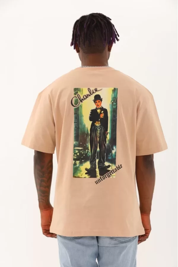 Luz&Pos Unisex Oversize Baskılı Bisiklet Yaka T-shirt - Bej