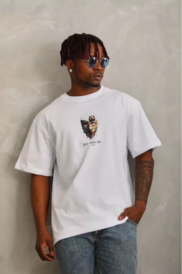 Luz&Pos Unisex Oversize Baskılı Bisiklet Yaka T-shirt - Beyaz