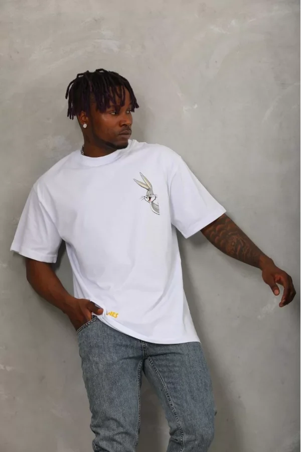 Luz&Pos Unisex Oversize Baskılı Bisiklet Yaka T-shirt - Beyaz