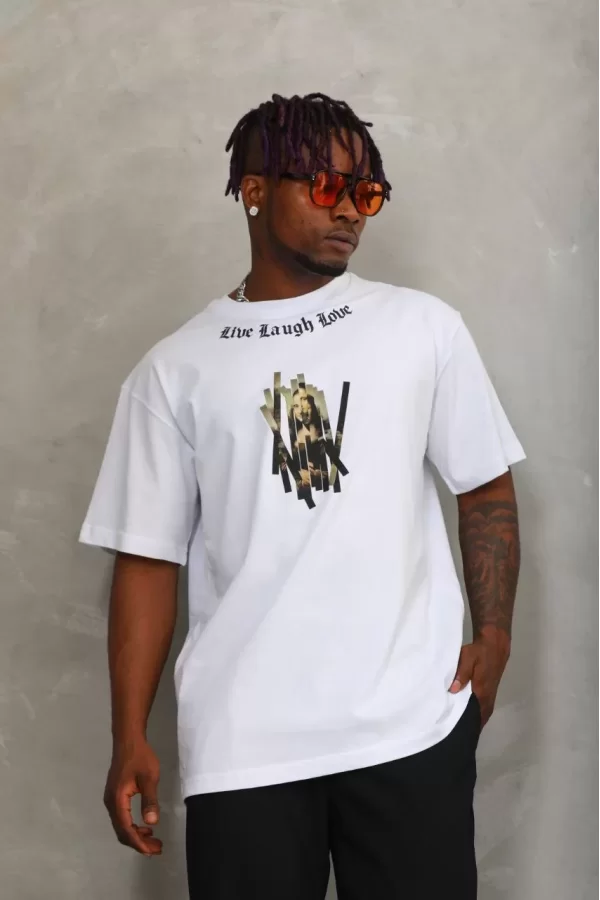Luz&Pos Unisex Oversize Baskılı Bisiklet Yaka T-shirt - Beyaz