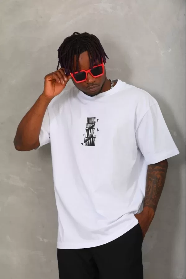 Luz&Pos Unisex Oversize Baskılı Bisiklet Yaka T-shirt - Beyaz