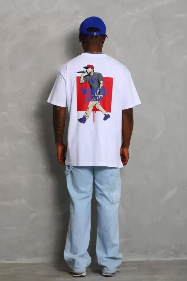Luz&Pos Unisex Oversize Baskılı Bisiklet Yaka T-shirt - Beyaz