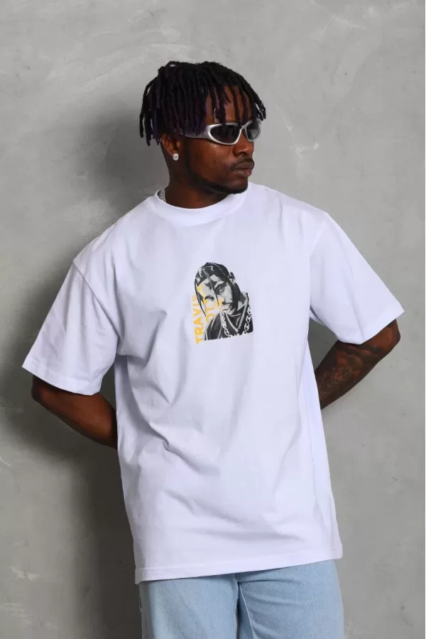 Luz&Pos Unisex Oversize Baskılı Bisiklet Yaka T-shirt - Beyaz