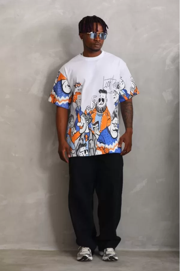 Luz&Pos Unisex Oversize Baskılı Bisiklet Yaka T-shirt - Beyaz