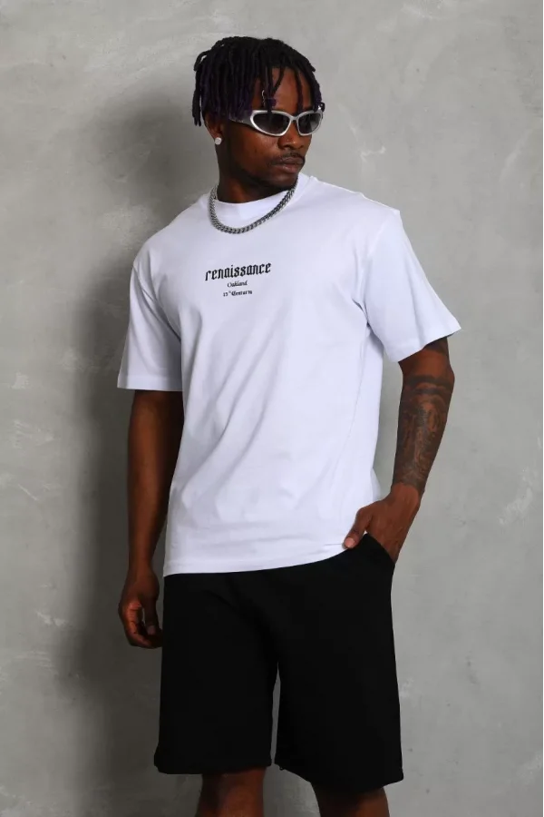 Luz&Pos Unisex Oversize Baskılı Bisiklet Yaka T-shirt - Beyaz