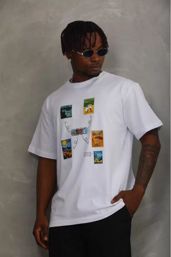 Luz&Pos Unisex Oversize Baskılı Bisiklet Yaka T-shirt - Beyaz