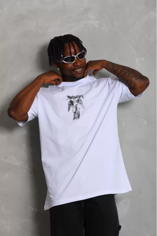 Luz&Pos Unisex Oversize Baskılı Bisiklet Yaka T-shirt - Beyaz