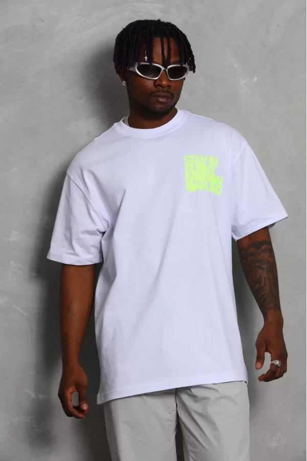 Luz&Pos Unisex Oversize Baskılı Bisiklet Yaka T-shirt - Beyaz