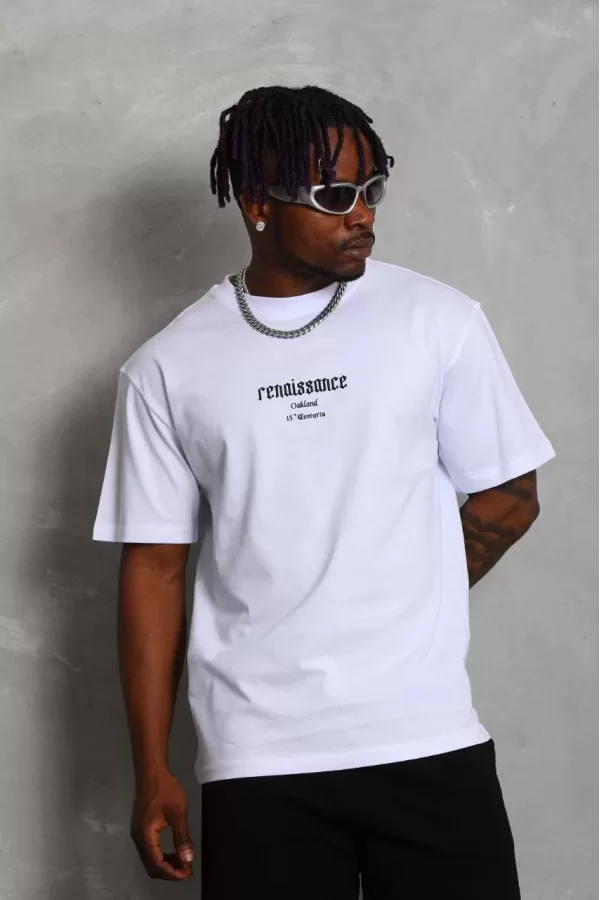 Luz&Pos Unisex Oversize Baskılı Bisiklet Yaka T-shirt - Beyaz