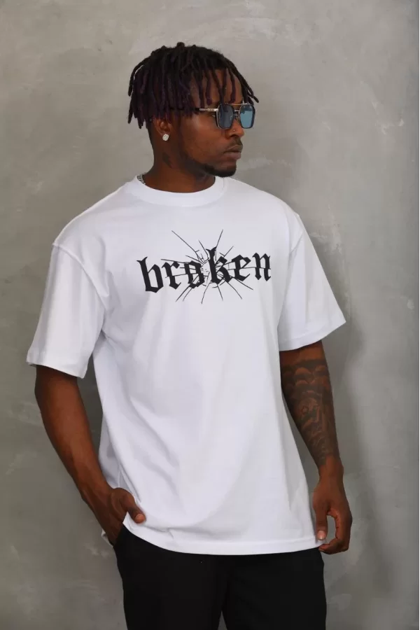 Luz&Pos Unisex Oversize Baskılı Bisiklet Yaka T-shirt - Beyaz