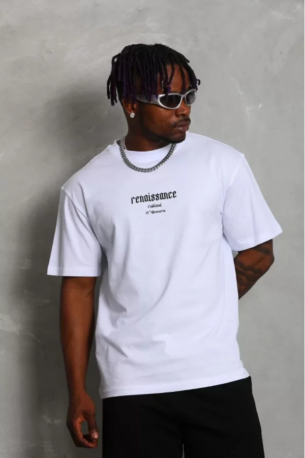 Luz&Pos Unisex Oversize Baskılı Bisiklet Yaka T-shirt - Beyaz