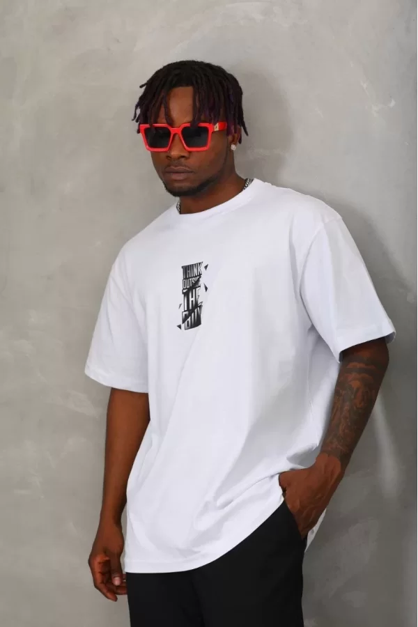 Luz&Pos Unisex Oversize Baskılı Bisiklet Yaka T-shirt - Beyaz