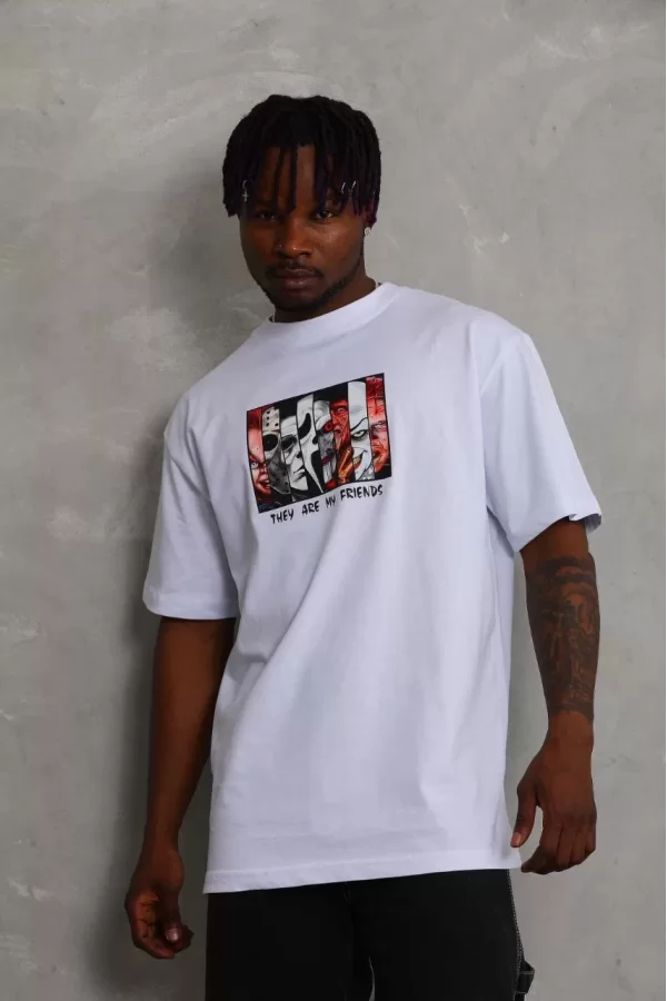 Luz&Pos Unisex Oversize Baskılı Bisiklet Yaka T-shirt - Beyaz