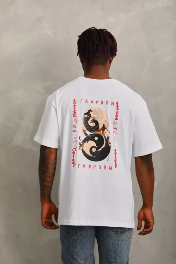 Luz&Pos Unisex Oversize Baskılı Bisiklet Yaka T-shirt - Beyaz
