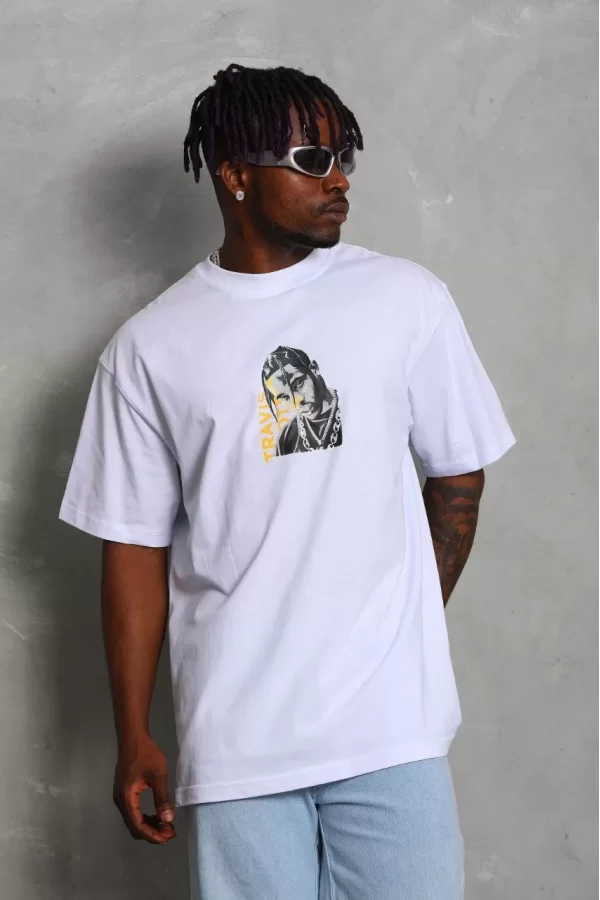 Luz&Pos Unisex Oversize Baskılı Bisiklet Yaka T-shirt - Beyaz