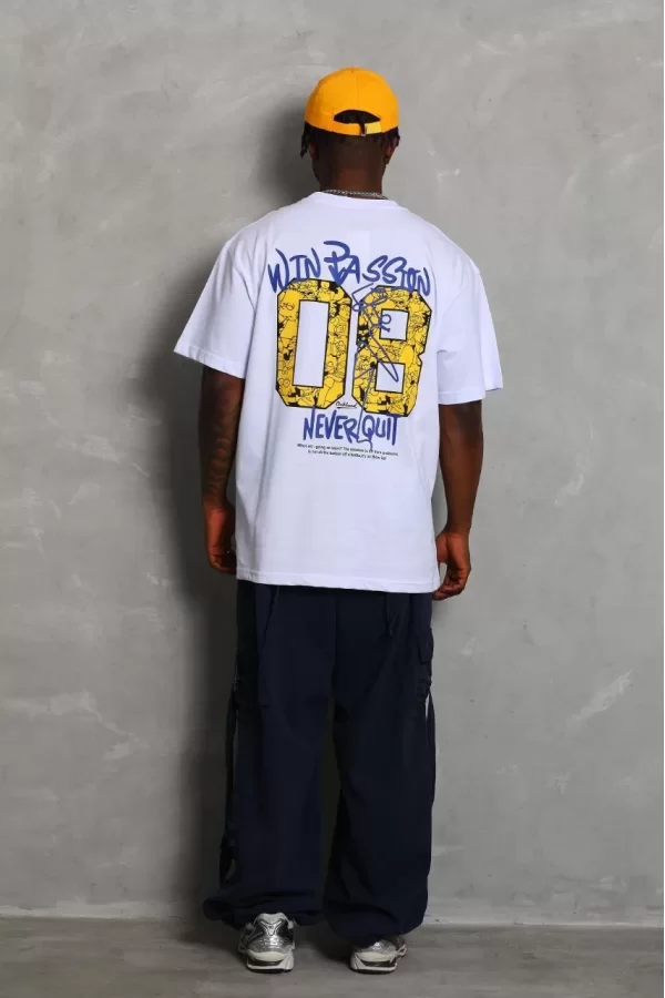 Luz&Pos Unisex Oversize Baskılı Bisiklet Yaka T-shirt - Beyaz