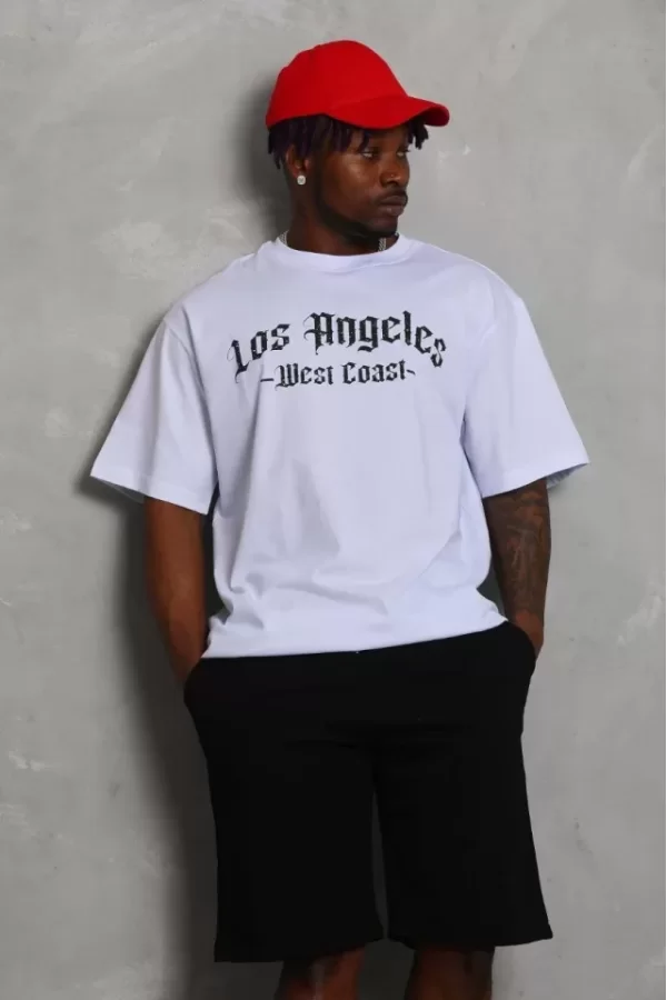 Unisex Oversize Baskılı Bisiklet Yaka T-Shirt - Beyaz
